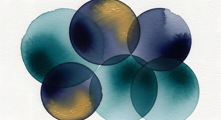 A vibrant abstract artwork featuring overlapping teal and gold circles on a white background