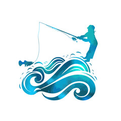 Silhouette of a child catching blue fish. Fishing in the sea or on a river. Stock vector illustration. hand drawn. Not AI.