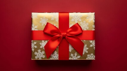Gold Gift Box with Red Bow on Red Background