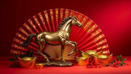 Golden horse statue with Chinese new year decor