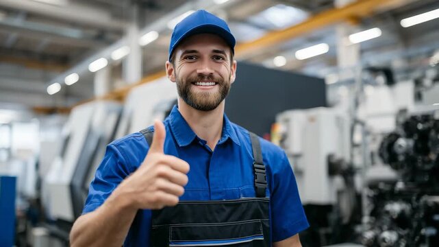 297Engineer in blue uniform giving thumbs-up on the factory floor, machinery and production equipment around, expressing satisfaction with high-quality workmanship and smooth operatio