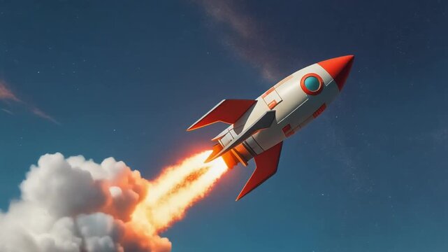 "A red-and-white rocket blasts skyward through clouds into a bright blue sky."