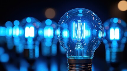 Glowing blue lightbulbs, idea generation, dark background, innovation concept