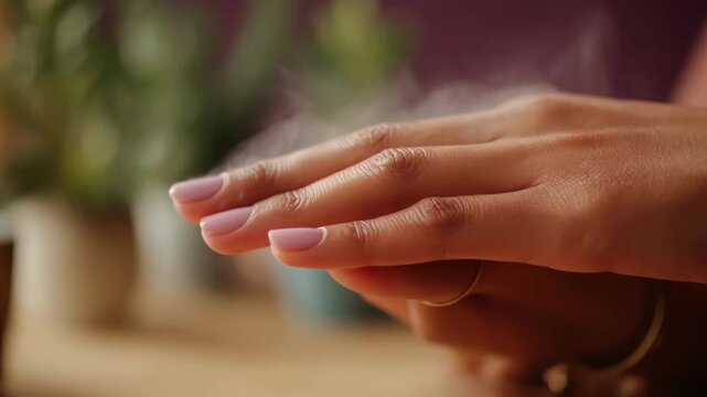 Medium shot capturing the steam technique in a waterless manicure with subtle steam rising near hands for softened cuticles and easy nail care.