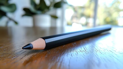 Black pencil on wooden desk, near window, blurred plants background; stationery mockup