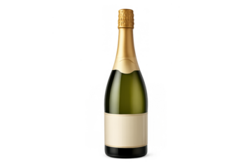 Green bottle of sparkling wine or champagne with blank label and golden foil, on a transparent background, for celebration mockup