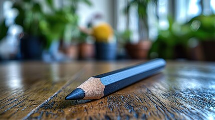 Dark pencil on wooden table, plants blurred background, home office, creative work