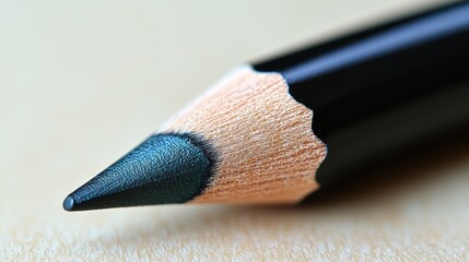 Close-up teal pencil point, wood surface background, art supply macro