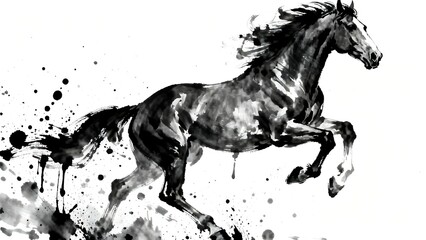 An ink painting of a jumping horse.