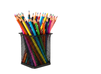 Colorful pencils in a black mesh desk organizer isolated on transparent background