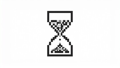 Pixel art hourglass icon symbolizing time passing, waiting, and processing. A retro digital interface element on a clean white background.