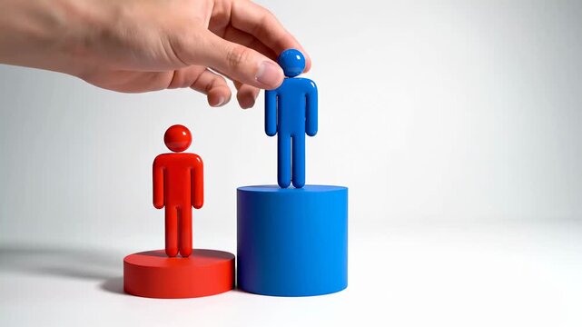 Hand Placing Blue Figure on Pedestal Next to Red Figure on Lower Platform, Symbolizing Inequality.