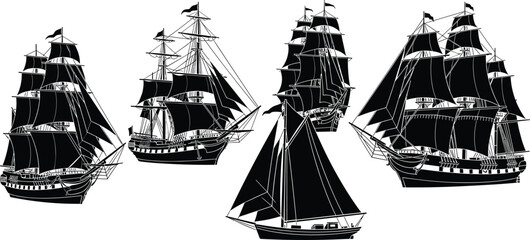 Black sailing ship silhouettes set, vintage wooden vessel vector illustrations, nautical tall ships with sails, maritime ocean adventure design elements, isolated clipper boats, © MDMOSTAKIM