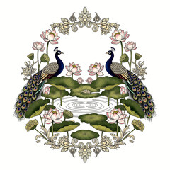 Two peacocks standing on lily pads surrounded by lotus flowers and green foliage in a isolated on a transparent background