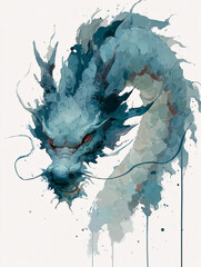 A chinese blue dragon with a cute and abstract design and splashes on white background