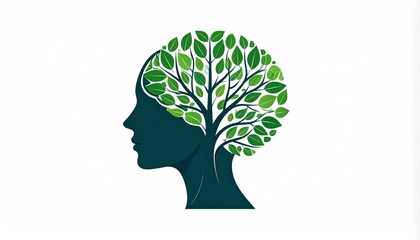 Mindful growth concept with green tree inside human head silhouette, representing nature, health, and environmental thinking