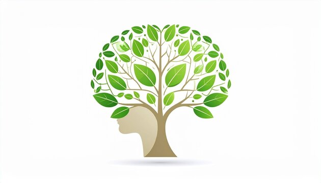 Creative Human Head Tree Logo Concept with Green Leaves - Nature, Growth, Mind, Eco-Friendly, Environmental Brain Symbol