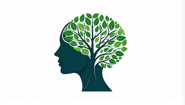 Mindful growth concept with green tree inside human head silhouette, representing nature, health, and environmental thinking
