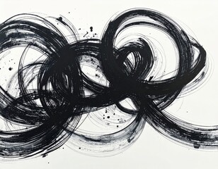 Abstract Black Ink Swirls on White Background in Painting Style Texture
