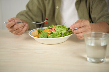 Closeup of senior woman hand holding fork eating fresh vegetable salad bowl at home. Elderly healthy lifestyle, organic nutrition, weight loss, and vegetarian diet concept for healthcare wellness.