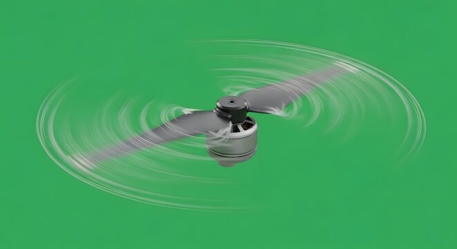 A spinning drone propeller against a solid green background