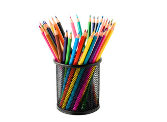 Colorful pencils in a mesh cup isolated on transparent background