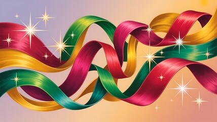 Festive ribbon streamers background with colorful elements and sparkling stars