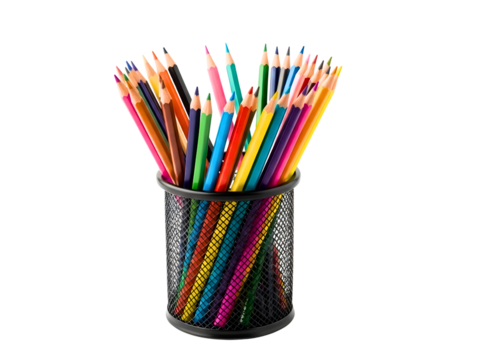Colorful pencils in a mesh cup isolated on transparent background - Powered by Adobe