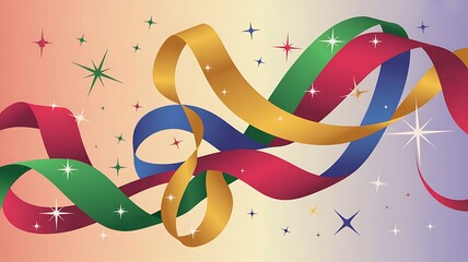 Festive ribbon streamers background with colorful elements and sparkling stars