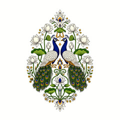 Two peacocks with blue and white feathers standing among white lotus flowers and green isolated on a transparent background