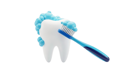 Toothbrush cleaning a stylized tooth with blue bubbles