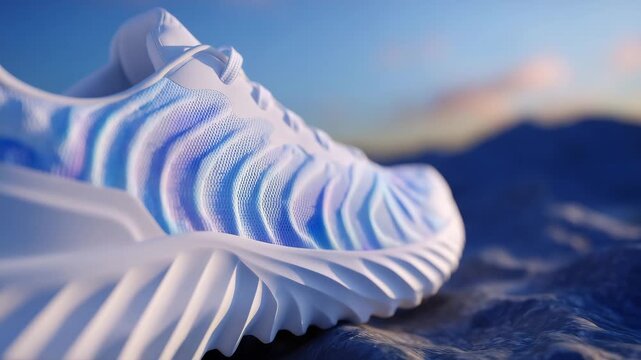 310High-resolution close-up of sculpted white outsole patterns with deep multidirectional grooves, contemporary fashion-forward sneaker design emphasized by soft gradient lighting