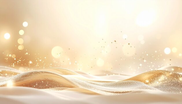 Elegant golden sparkling abstract background with shimmering glitter, soft waves, and festive bokeh lights for luxury design.