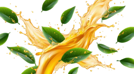 Dynamic tea wave splash fresh green leaves beverage flow