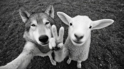 Wolf and lamb taking a selfie, with wild animal making a peace sign. Friendship and funny pets concept for meme or social media. Cute friends, white and black photo.