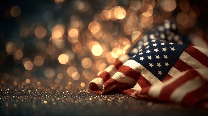 Closeup of folded American flag with bokeh lights background for patriotic theme