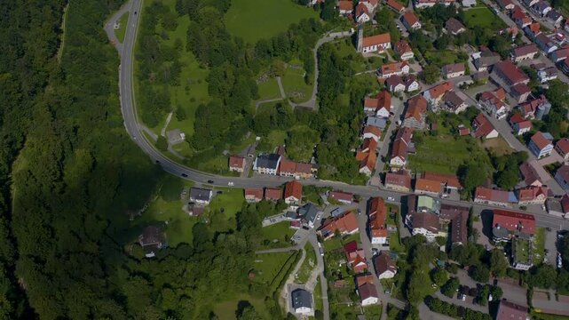 Aerial view around the city Lichtenstein in Germany on a sunny day in Summer.