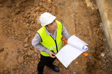 Top view above, inspection plan, Architect or contractor with blueprint working on house building under construction. Professional Architects Engineer construction site. Civil Engineering