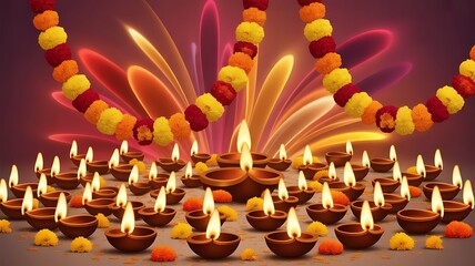 A beautiful and festive arrangement of diyas and marigold garlands for celebration