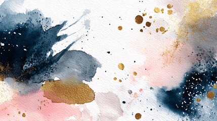 Abstract watercolor painting with gold, navy, and pink splashes and textures