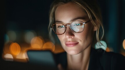 Woman wearing glasses stares at cell mobile phone screen at night, reflecting data. Digital communication and information overload concept. Girl work, chatting, scroll.