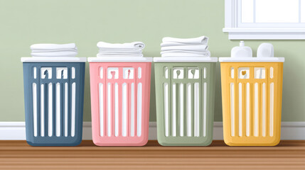 Organized laundry room with color coded hampers for family system and efficient sorting