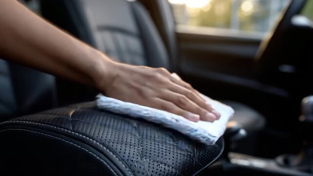 Close-up of a microfiber applicator pad gently working dry-cleaning foam into premium perforated leather car seats, subtle texture details, soft natural cabin lighting, luxury inte