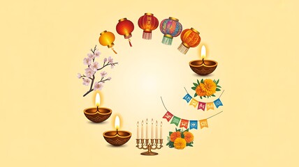 Circular arrangement of festive lights and flowers on a warm gradient background