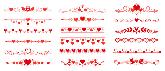 Obraz premium Valentine love heart divider and border frames, vector set of holiday embellishments. Vibrant red and pink romantic flourish trims for greeting cards, wedding invitations, stationery and decorations