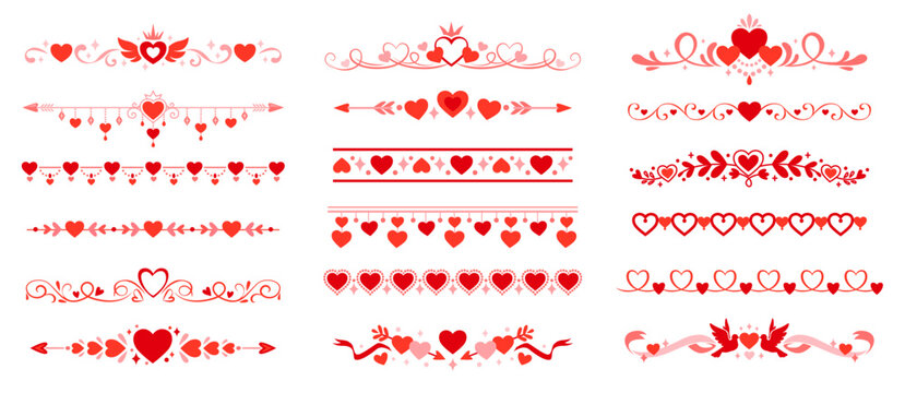 Valentine love heart divider and border frames, vector set of holiday embellishments. Vibrant red and pink romantic flourish trims for greeting cards, wedding invitations, stationery and decorations