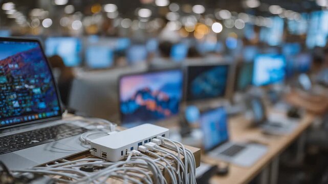 Close-up of a USB hub with multiple devices connected, representing productivity, tech organization, and modern digital life