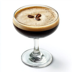 Espresso martini cocktail with creamy foam layer on top with three roasted coffee beans in the center isolated on a white background