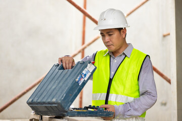 Use construction tools and open tool box. Balance Bubble level ruler, Tools equipment building and engineering. Civil engineer Asian man in safety hard hat helmet working at construction site