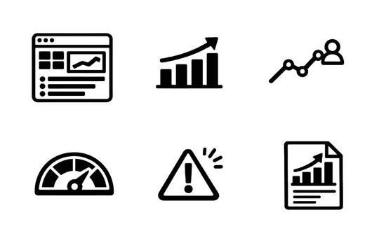 SaaS performance vector icon set featuring KPIs, retention and growth tracking icons. Black flat icons ideal for dashboards, reports and software platforms.